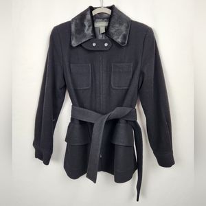 Banana Republic Wool Faux Fur Collar Black Belted Trench Coat Size Small